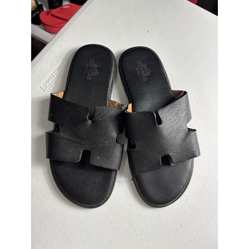 HERMES Paris Men's Izmir Sandals - Black Leather Slides - Size  9 read Desc)